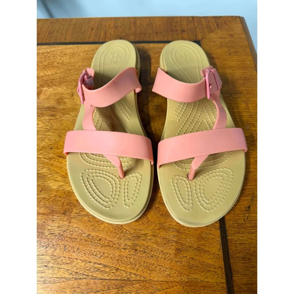 Crocs Tulum Sandal Pink Tan Ankle Strap Buckle Thong Flat Shoes Womens 9